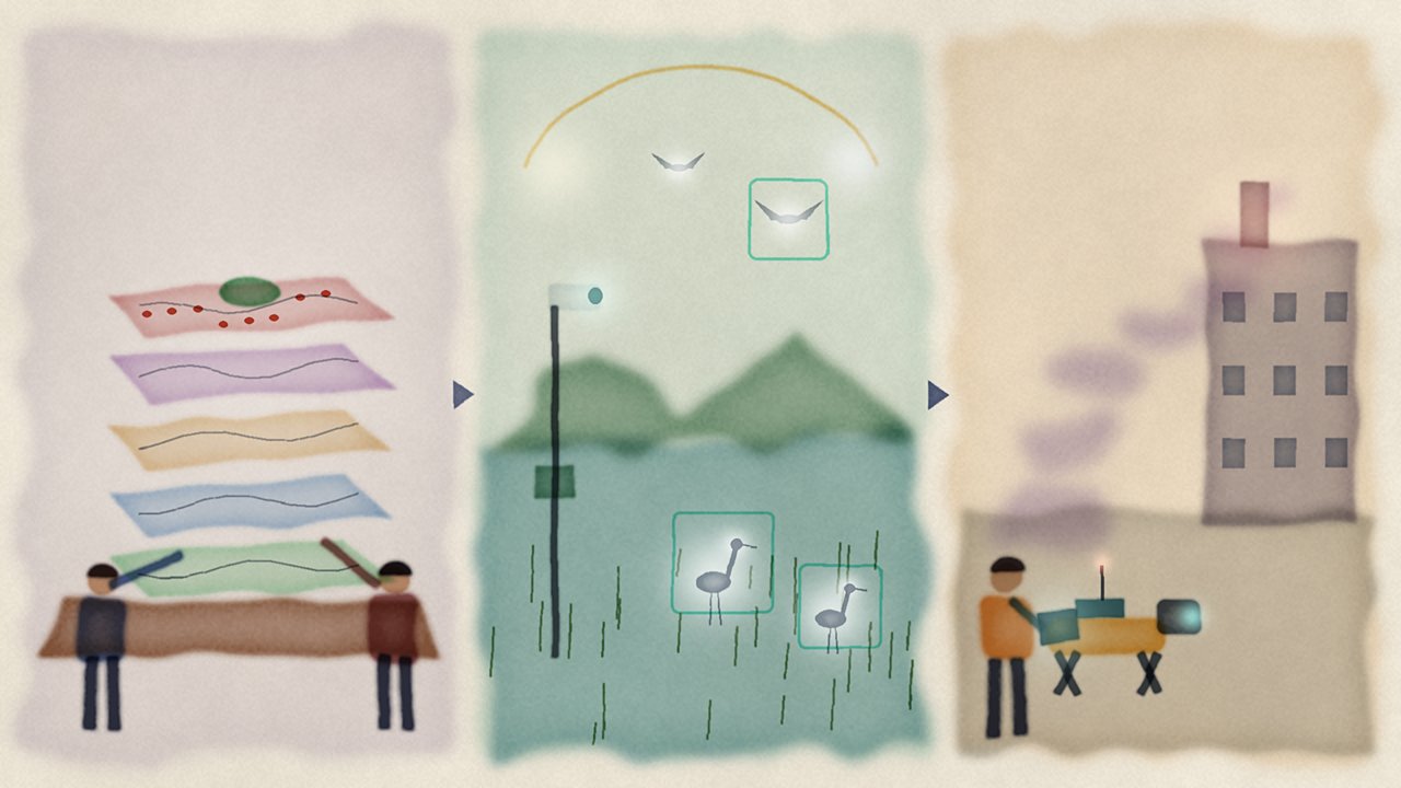 Figure: Left to right — a planning team studies stacked environmental map layers, a monitoring camera beside a wetland records birds around the clock, and a Smart Detect Dog helps an officer trace the source of an odour (editorial illustration — no text or logos; not an actual system screen).