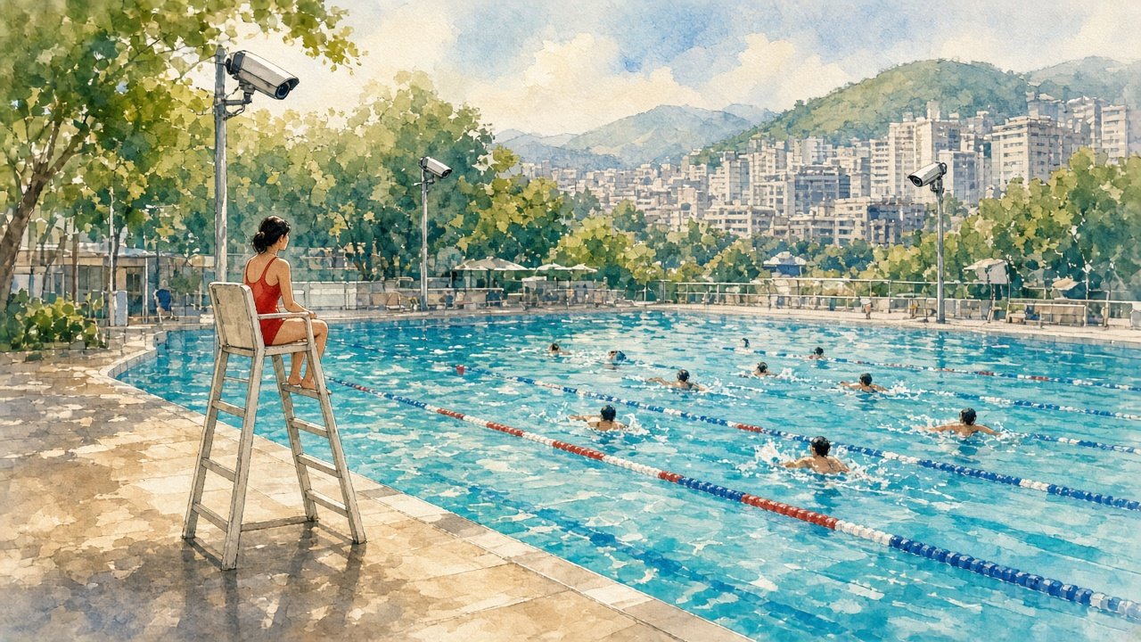 圖：公眾泳池高處鏡頭守望泳道，救生員在瞭望椅上監察泳客（意象插畫，無文字、無標誌，非實際場地設備）。