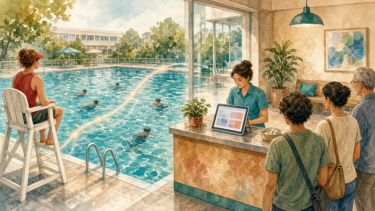 Figure: Left — elevated cameras and lifeguard oversight at a public pool; right — booking-counter staff reviewing unusual patterns — editorial illustration, no text or logos; not an actual system screen.