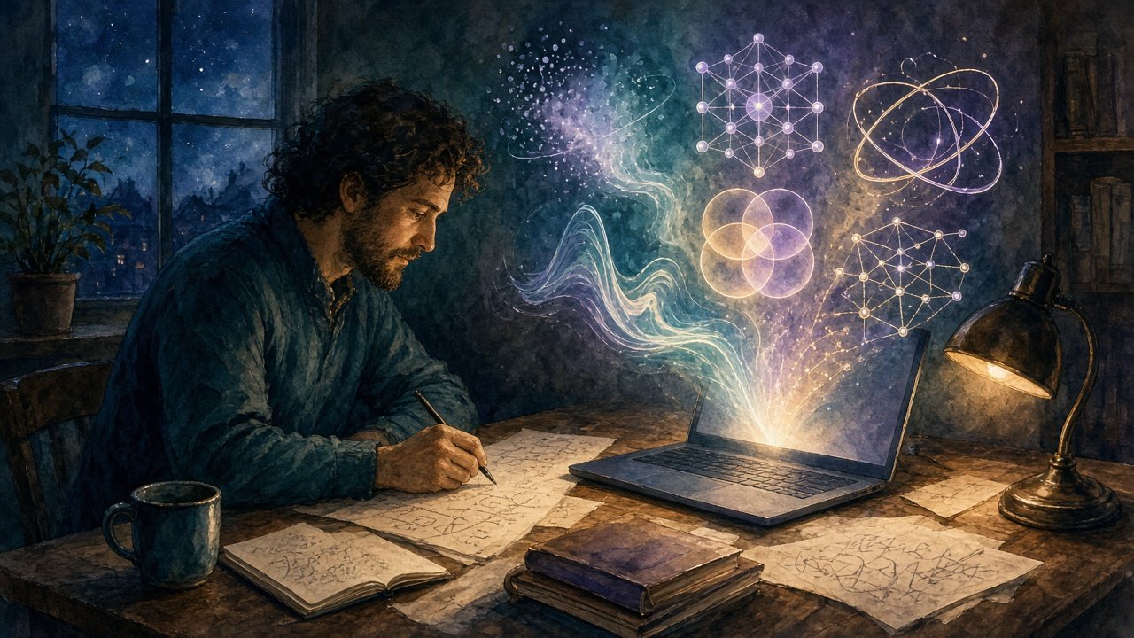 圖：夜裡的書桌前，一位研究者面向發光的螢幕；散點、收窄的波峰、三圓文氏圖與晶格般的結構從螢幕升起，呼應六篇論文的題材（意象插畫，無文字、無標誌，非實際介面）。