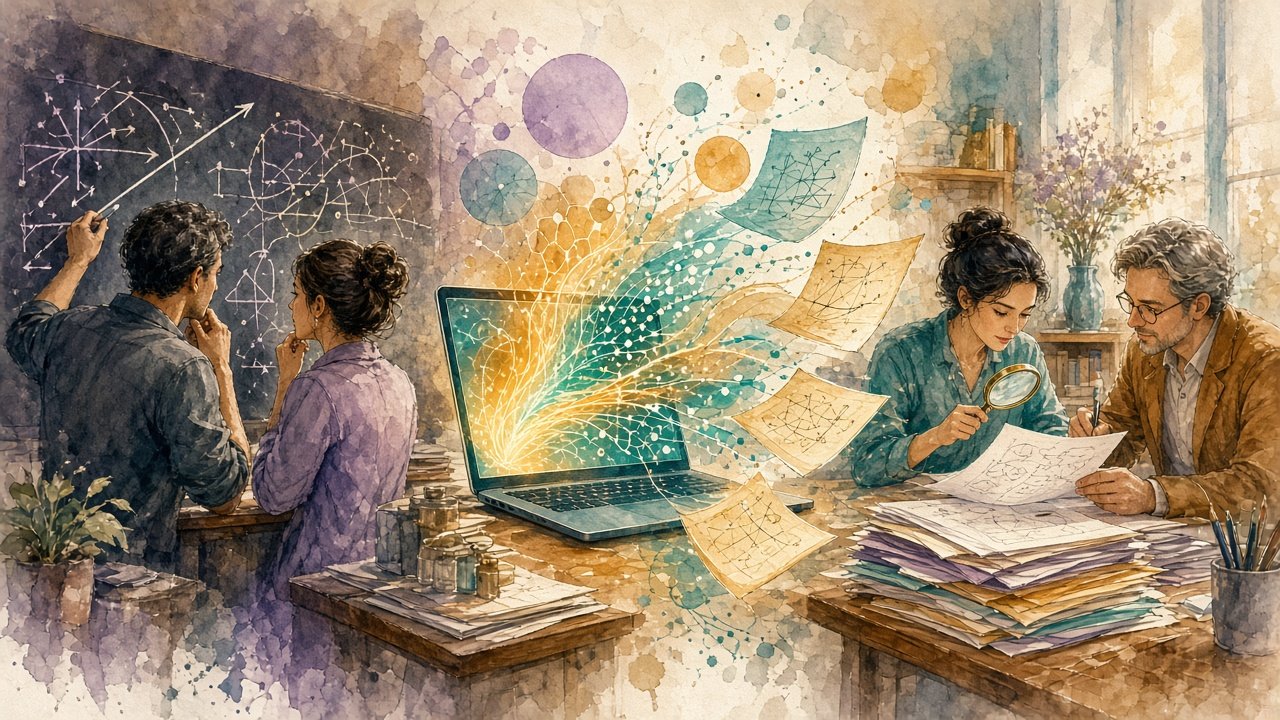 Figure: Left to right — mathematicians set the direction, AI helps work through and draft, a second group of mathematicians reviews and finalises; colour-coded passage markers distinguish human- and AI-drafted sections (editorial illustration — no text or logos).