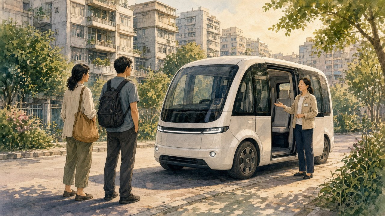 圖：午後東涌社區路旁，一輛簡潔的自動車停在住宅區附近，兩名市民在工作人員引導下準備上車試乘，遠景隱約可見酒店與綠化帶——意象插畫，無文字、無標誌，非實際車款。