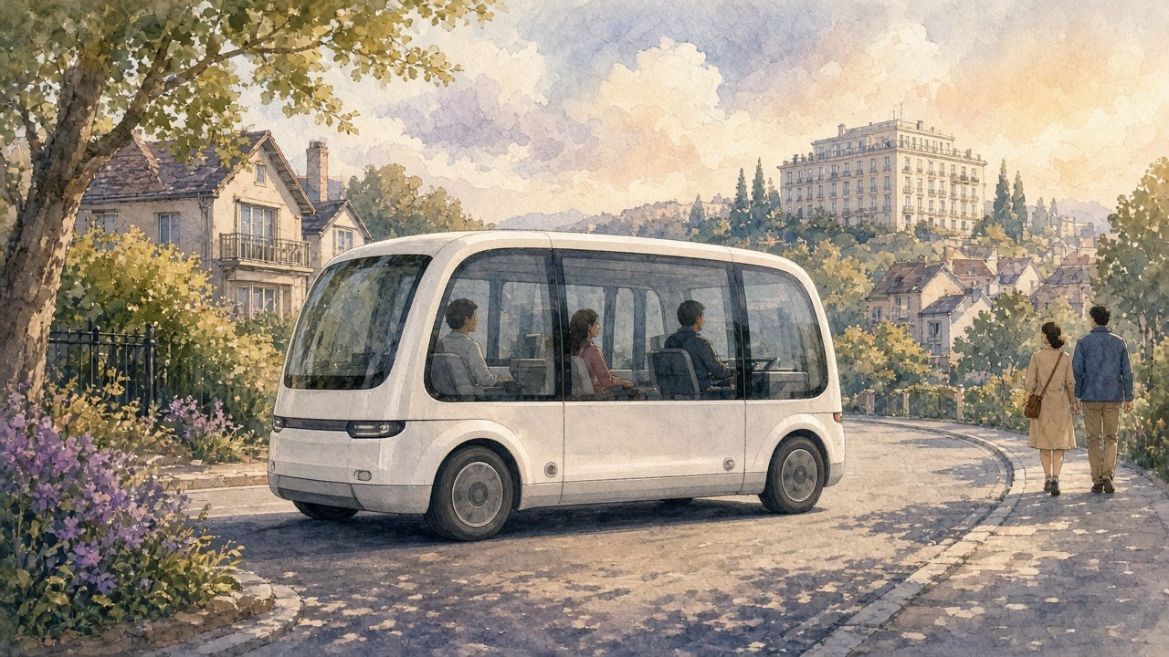 Figure: On a Tung Chung neighbourhood road, two passengers take a trial ride in an AV with an onboard backup operator, following a loop past housing and a hotel area — editorial illustration only; no text or logos; not an actual vehicle model or route map.